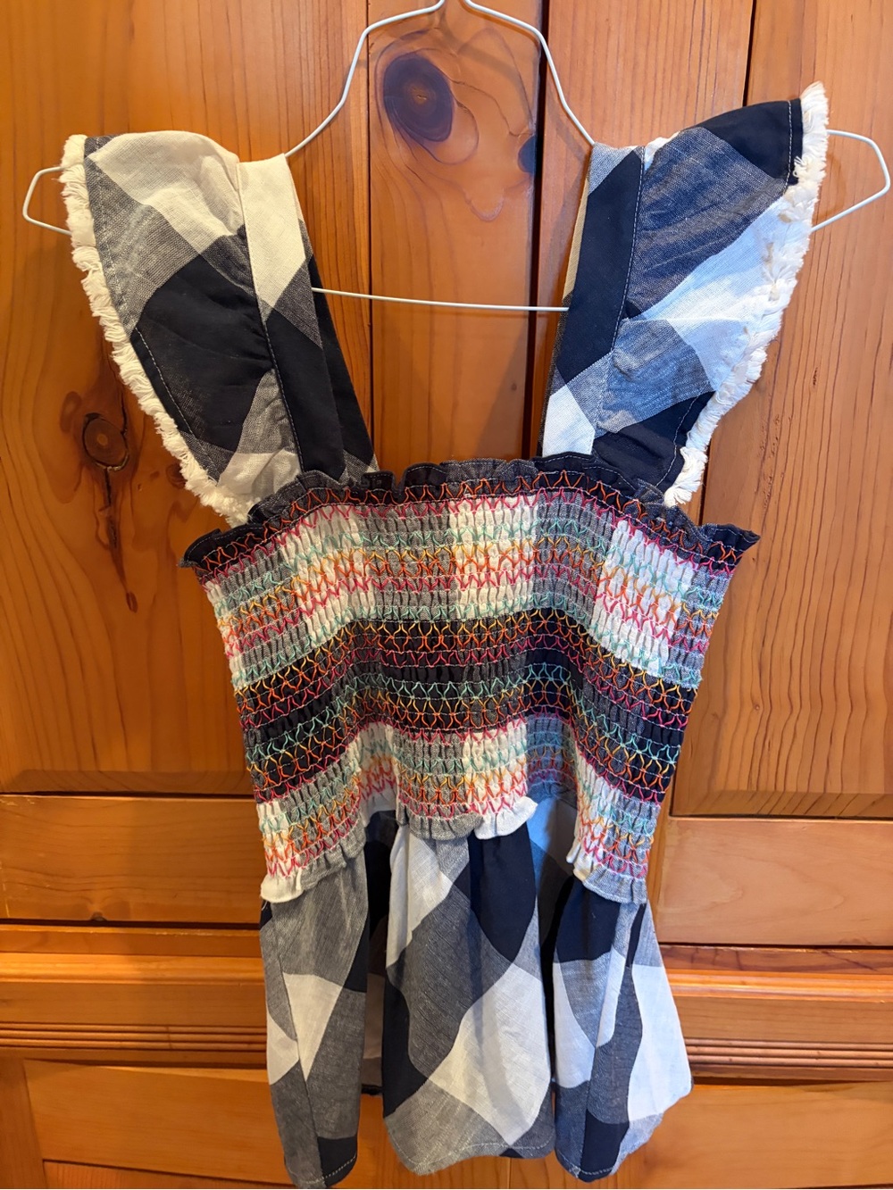 THML Black & White Plaid Smocked Tank with Multicolor Stitching